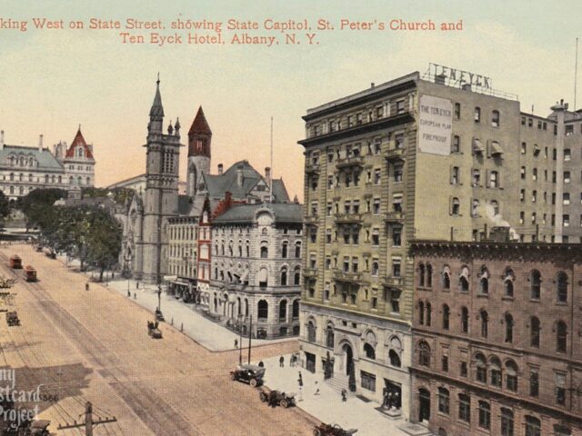 Looking West on State Street, showing State Capitol, St. Peter’s Church and Ten Eyck Hotel