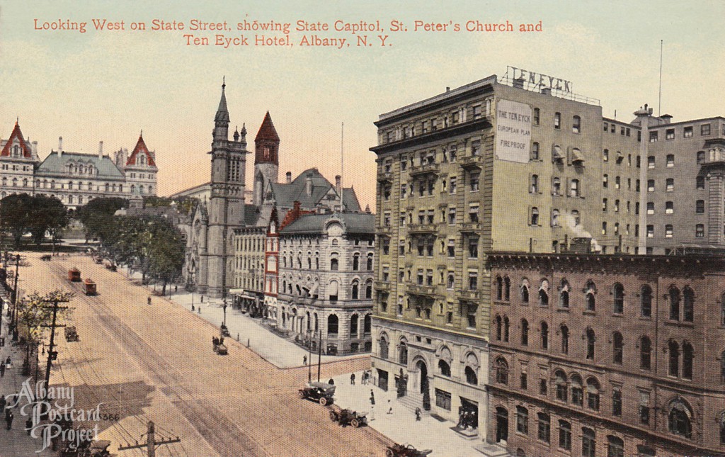 Looking West on State Street showing Capitol, St Peters, Ten Eyck Hotel