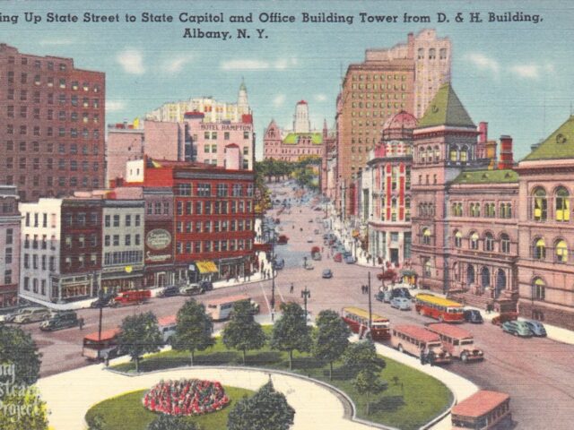 Looking Up State Street to State Capitol and Office Building Tower from D.&H. Building