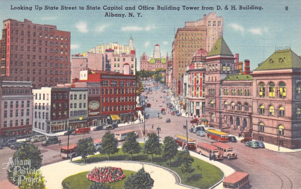 Looking Up State Street to State Capitol and Office Building Tower