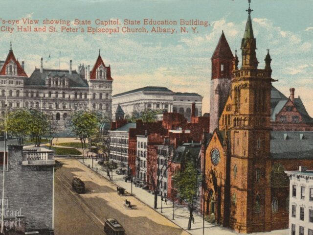 Bird’s-eye View showing State Capitol, State Education Building, City Hall and St. Peter’s Episcopal Church